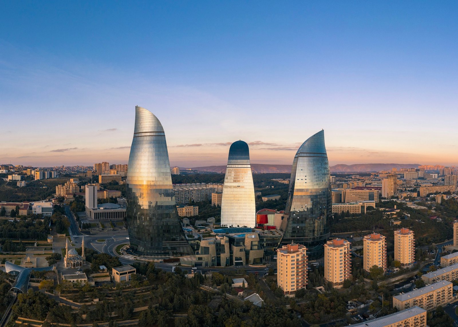 Baku city skyline under a blue sky